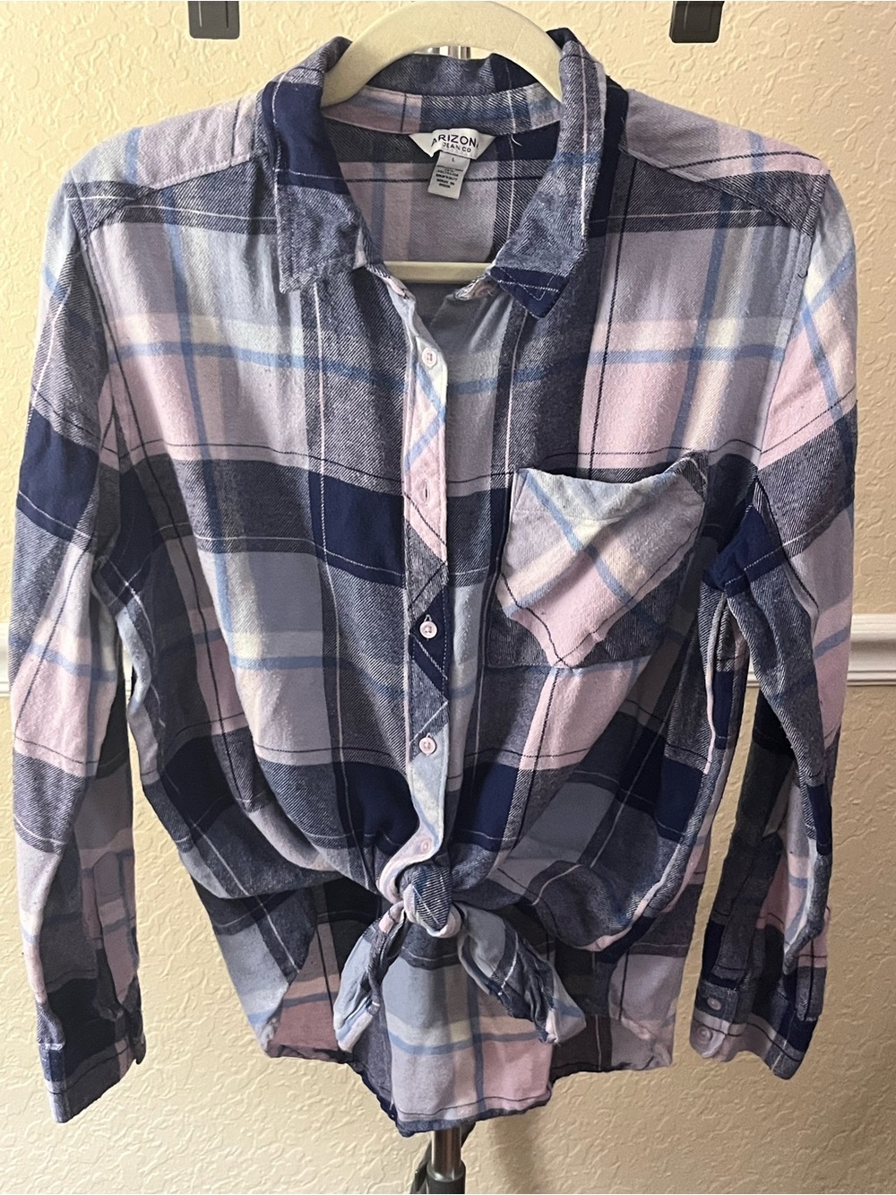 Arizona Jean Company Navy, Pink & Light Blue Plaid Button-Up Shirt